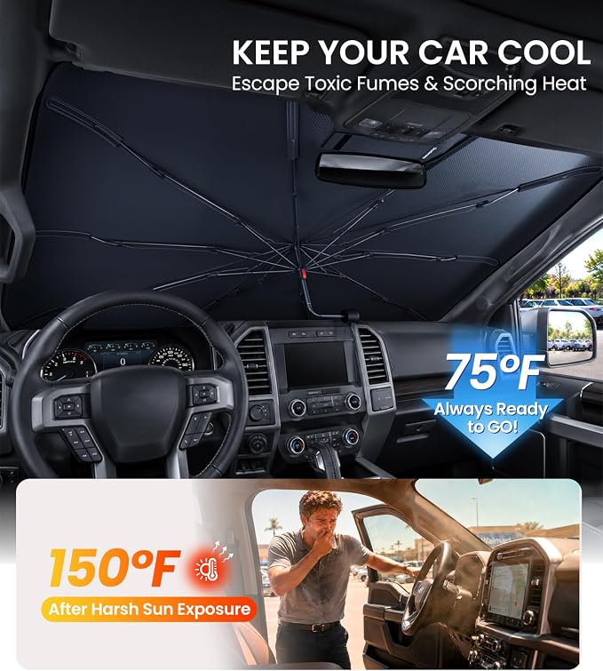 Zanch Windshield Sun Shade Umbrella Custom-Fit for Ford F-150 2011-2026 | [99% UV Protection, Up to 75℉ Cooler]Heat Reflection, Sturdy Frame, Scratch-Free Interior, Foldable Front Sunshade Umbrella - Image 2