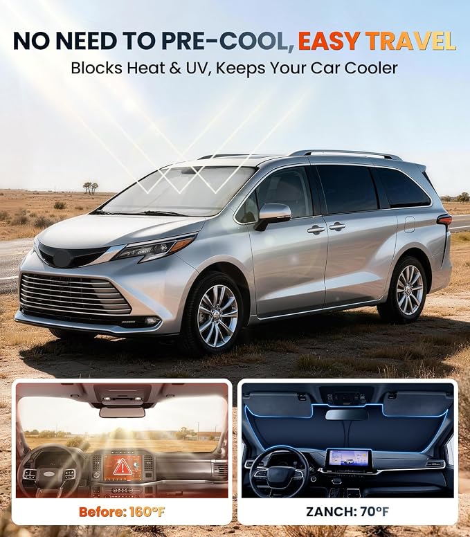 Zanch Custom Windshield Sun Shade for Toyota Sienna 2022-2026, 7-Layer UV & Heat Block, 3D Laser Scanned, Interior Protection, Keep Car Cooler, Foldable Minivan Accessories - Image 2