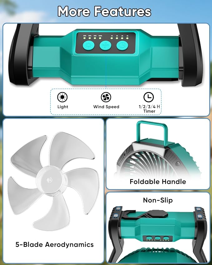 Portable Rechargeable Fan, 20000mAh Battery Powered Camping Fan with LED Light & Hook, 270° Adjustable, 4-Speed, 4H Timer Camping Essentials for Outdoor Tent Travel BBQ Car_Blue - Image 6