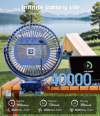 40000mAh Clip on Fan for Golf Cart, Up to 127Hrs Portable Rechargeable Fans | 8-inch Desk Fan with 3 Speeds, 9 LEDs, Timers, Hook, Battery Operated Fan for Office,Desk,Camping,Treadmill,Tent, Dark Blue - Image 3