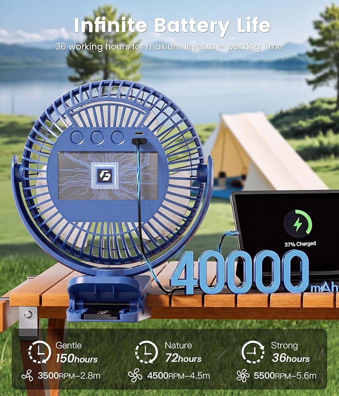 40000mAh Clip on Fan for Golf Cart, Up to 127Hrs Portable Rechargeable Fans | 8-inch Desk Fan with 3 Speeds, 9 LEDs, Timers, Hook, Battery Operated Fan for Office,Desk,Camping,Treadmill,Tent, Dark Blue - Image 3