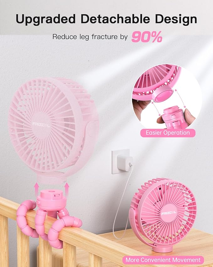FRIZCOL 12000mAh Portable Stroller Fan, Use As Power Bank, 65H Battery Operated Fan Flexible Tripod Clip On Fans, Detachable Personal Handheld Baby Fans for Stroller, Car seat, Desk, Treadmill（Pink） - Image 3