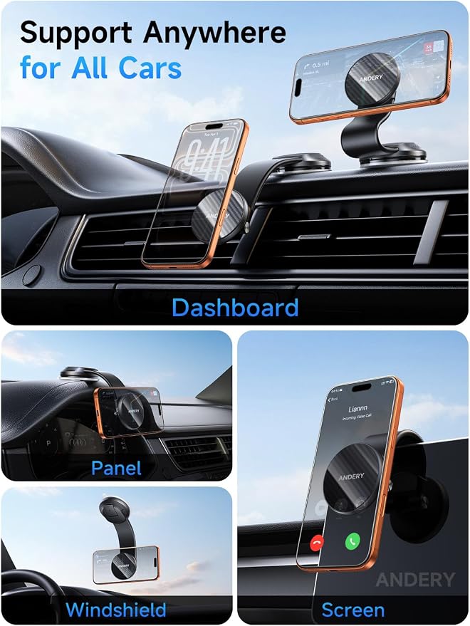 ANDERY Only for iPhone Magsafe Car Mount [360° Adjustable Memory Alloy Arm] | 2400gf Strong Magnetic Power, Bendable Phone Holders for Your Car, Car Phone Holder with Dashboard Pad, for iPhone 17-12 - Image 2