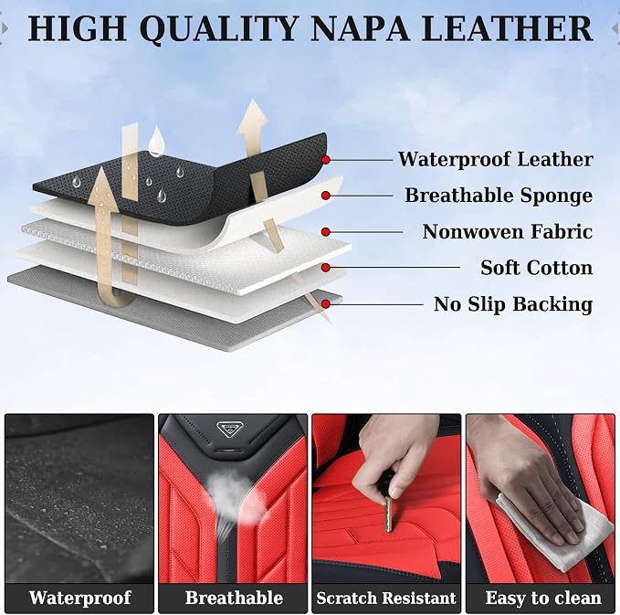 Coverado Seat Covers, Car Seat Covers Front Seats, Leather Seat Covers for Cars, Automotive Seat Covers Car Seat Protector Car Seat Cushion Universal Fit for Most Sedans SUV Pick-up Truck(Black&Red) - Image 7