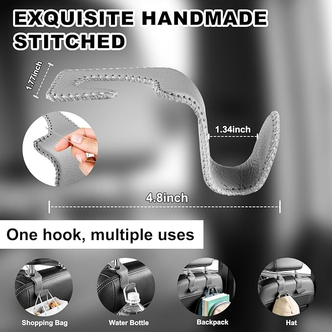 EldHus Car Seat Hooks for Purses and Bags, 4 Pack Car Purse Holder for Grocery Bag Handbag Clothes, Metal Headrest Hooks Covered by Leather, Gray - Image 4