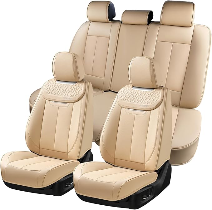 Coverado Car Seat Covers Full Set, Seat Covers Waterproof, Nappa Leather Seat Covers for Cars, Front and Back Car Seat Protector, Breathable Seat Cushion, Seat Cover Universal Fit Most Cars(Beige) by COVERADOAUTO