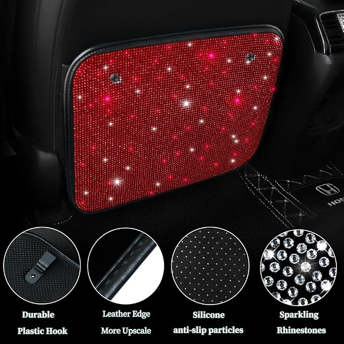 Sparkling Diamond Auto Kick Mats Back Seat Protector Cute Kick Mats Protect from Dirt Mud Seat Back Protector with Bling Crystal Rhinestone Car Interior Decor Accessories Red 2Pcs - Image 2