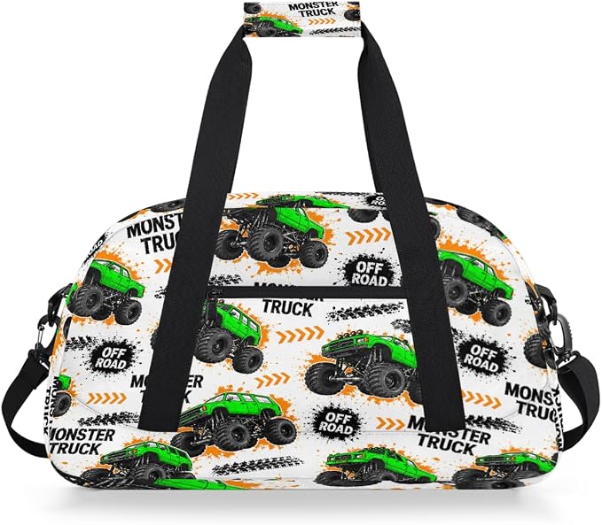 Gym Travel Duffle Bag for Boys - Kids Overnighter Weekend Bag with Front Zipper Pocket for School Practice, Green Monster Car Trucks Teens Carry-On Size Sleepover Bags by Ackutea