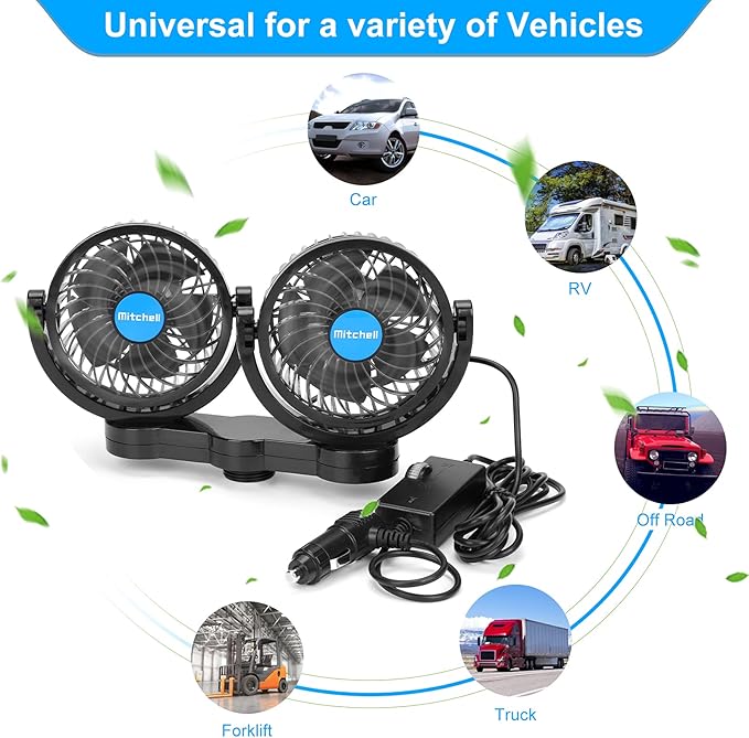 12V Car Clip Fans, Adjustable Dual Head Clip Fan 360° Rotatable Cooling Air Fan, 4'' Electric Auto Car Fans with Cigarette Lighter Plug for Vehicles, RV, SUV - Image 2