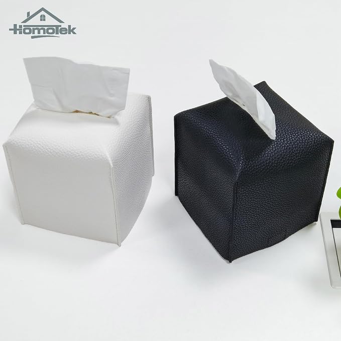 HOMOTEK 2 Pack Tissue Box Cover, Square PU Leather Tissue Holder, Decorative Facial Tissue Cube Paper Organizer Dispenser for Bathroom, Night Stands, Desk, Car 5X5X5'' - Matte Black, Pebble Grain - Image 6