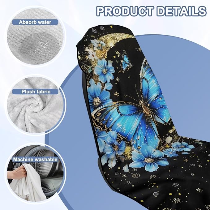 Butterfly Moon Car Seat Towel Cover After Gym Sweat Auto Front Seat Protector Blue Butterfly Flower Car Seat Cover Protector Universal Non Slip Waterproof Sweat Protector Beach Towel Yoga Mat - Image 6