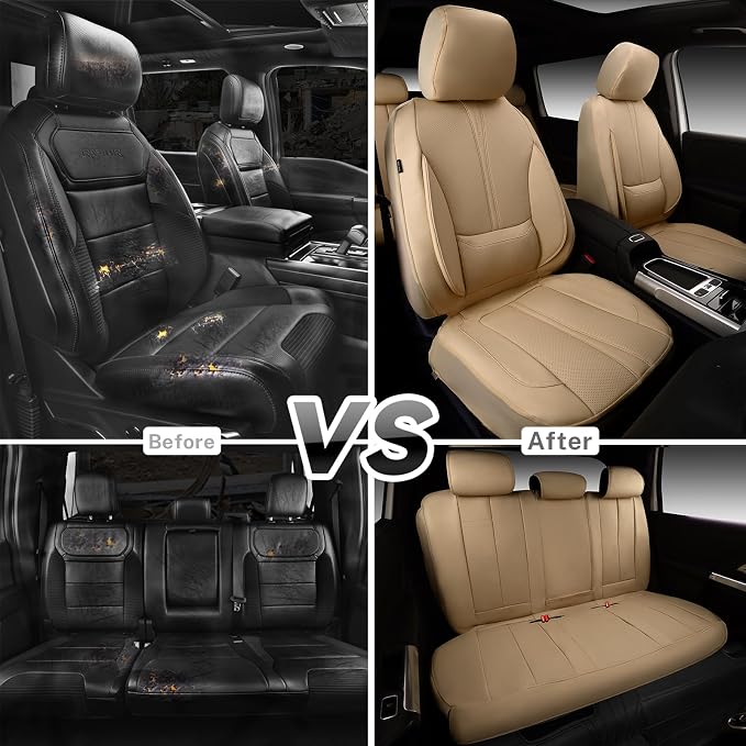CAR PASS Nappa Leather Seat Covers Full Set, 3D Foam Faux Leather Car Seat Covers with Lumbar Support, Water Resistant Comfort & Universal Fit for Cars SUV Truck Most Vehicles, All Beige - Image 8