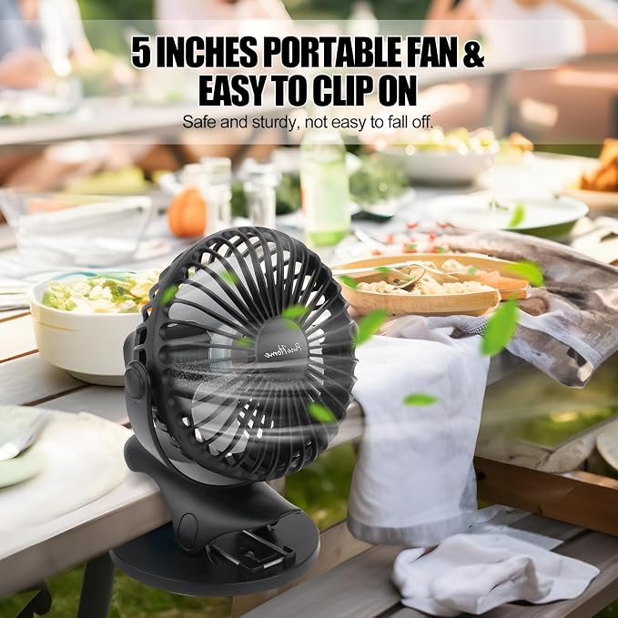 Portable Clip Fan Battery Operated,3 Speeds USB Rechargeable Mini Table Fan with Strong Airflow,360°Rotation Ultra Quiet Personal Desk Fan for Home Office Bedroom Dorm Stroller Camping(Black) - Image 6