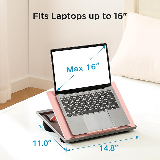 HUANUO Lap Desk with 8 Adjustable Angles – Up to 15.6" Laptop, Pink | Dual-cushion base, carry handle, 30% thicker for durability, wider anti-slip ledge, for home office, sofa, bed, car - Image 4