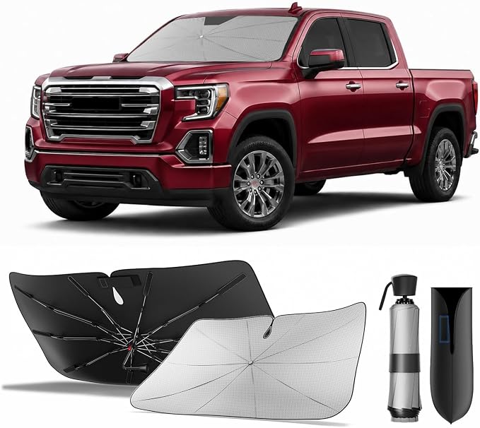 Zanch Windshield Sun Shade Umbrella : GMC Sierra 1500/2500/3500 2000-2026 | [99% UV Protection, Up to 75℉ Cooler] Custom-Fit, No Sagging, Scratch-Free Interior, Foldable Front Sunshade Umbrella by Zanch