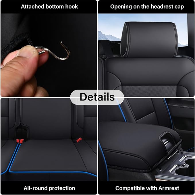 Coverado Silverado Seat Covers Full Set, Faux Leather Car Seat Covers Fit for Chevy Silverado GMC Sierra 2007-2013 & 2019-2026 1500, 2020-2026 2500HD 3500HD Crew Double Extended Cab(Blueline) - Image 5
