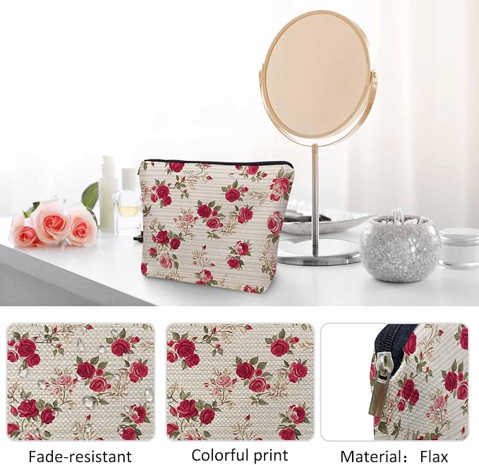 Makeup Bag For Purse Rose, Retro Floral Roses Red Cosmetic Bags For Women With Zipper Travel Toiletry Pouch Makeup Bags Makeup Organizers Purse For Toiletries Cosmetics - Image 5
