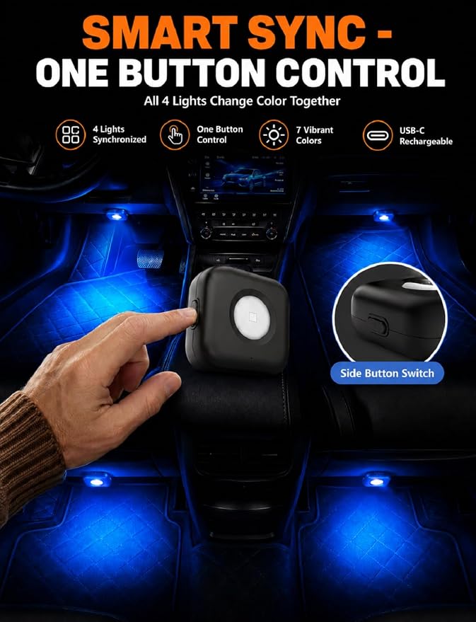 2PCS Car LED Lights Interior Wireless, 7 Color Ambient Lighting | USB-C Rechargeable 15H Battery, Smart Sync Car Decor Gifts for Men Women Teens All Vehicle Truck RV SUV Motorcycle - Image 4