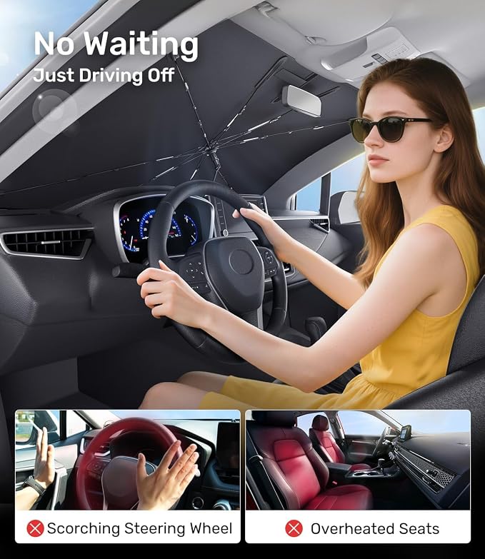 Zanch 2026 Upgraded Car Windshield Sun Shade [Cool Down by 75℉ ] with Heat Insulation Coating, Foldable Sunshade Umbrella with Flexible Handle & Ribs, Extra Small (51''x29'') for Compact Cars - Image 7