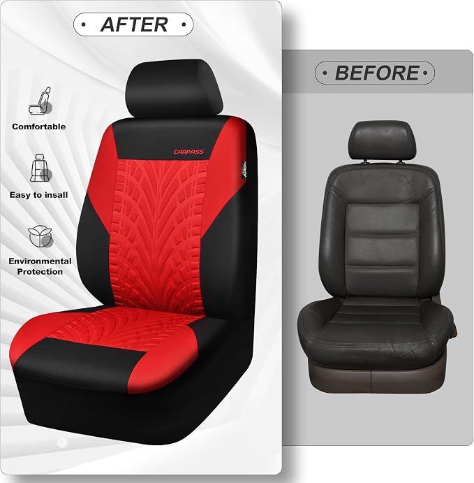 CAR PASS Car Seat Covers Two Front Only for Car, 3D Tyre Print Automotive Interior Covers, Airbag Compatible, Quick Setup Universal Fit Seat Covers for Car, Truck, SUV(Black Red) - Image 6