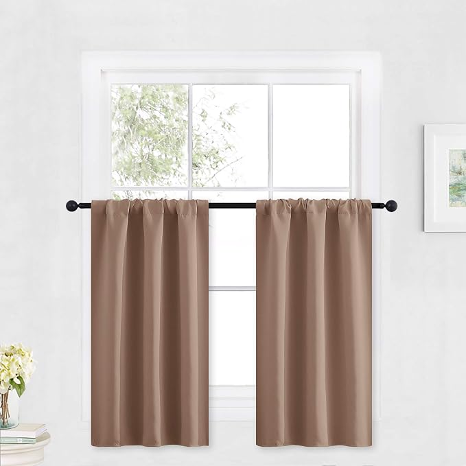 RYB HOME Cafe Blackout Curtains 30 inch Length, Short Window Curtain Tiers | Light UV Heat Blocking, Energy Saving, Privacy Protection, For Basement Bathroom Kitchen Window, W29 x L30, Mocha, 2 Panels by RYBHOME