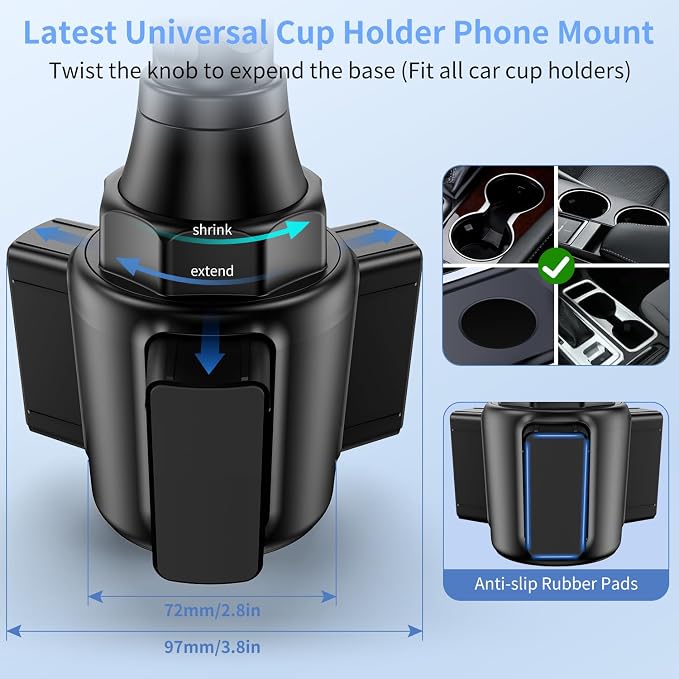 Cup Phone Holders for Your car, Universal Adjustable Base and Long Neck | Car Phone Mount Cradle, Cell Phone Holder Car Accessories/Trucks/Golf Cart/Treadmill for iPhone Samsung Google All 4-7 inches - Image 2