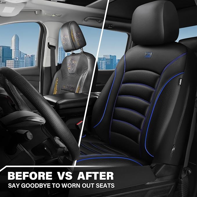 CAR PASS 3D Foam PU Leather Car Seat Covers, Universal Seat Covers Front 2 for Trucks SUV Sedan Automotive Seat Covers Armrest Airbag Compatible Waterproof Comfortable Faux Nappa Leather Black Blue - Image 6