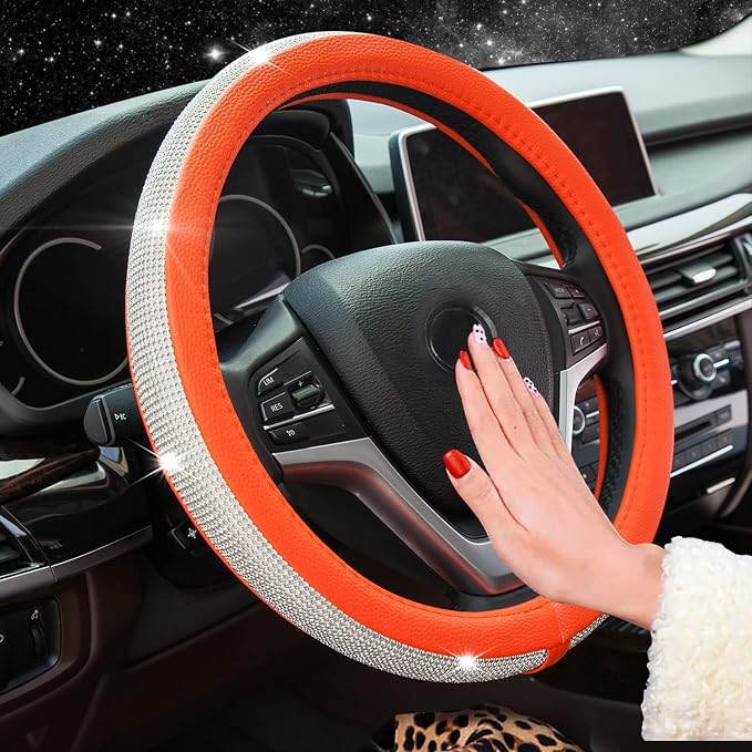 New Diamond Leather Steering Wheel Cover with Bling Crystal Rhinestones | Universal Fit 15 Inch Car Wheel Protector for Women Girls Orange by ChuLian