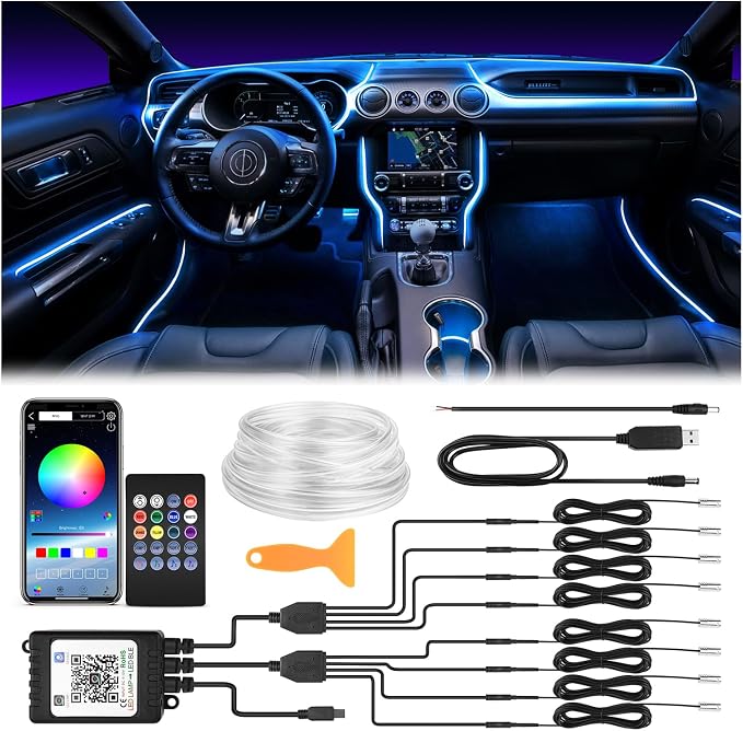 Interior Car LED Strip Lights 400 inches Fiber Optic tubing USB Powered RGB 8 in 1 Car Neon with Wireless APP and Remote Control, Ambient Lighting Kits 16 Million Colors,Sync to Music by SSVISION