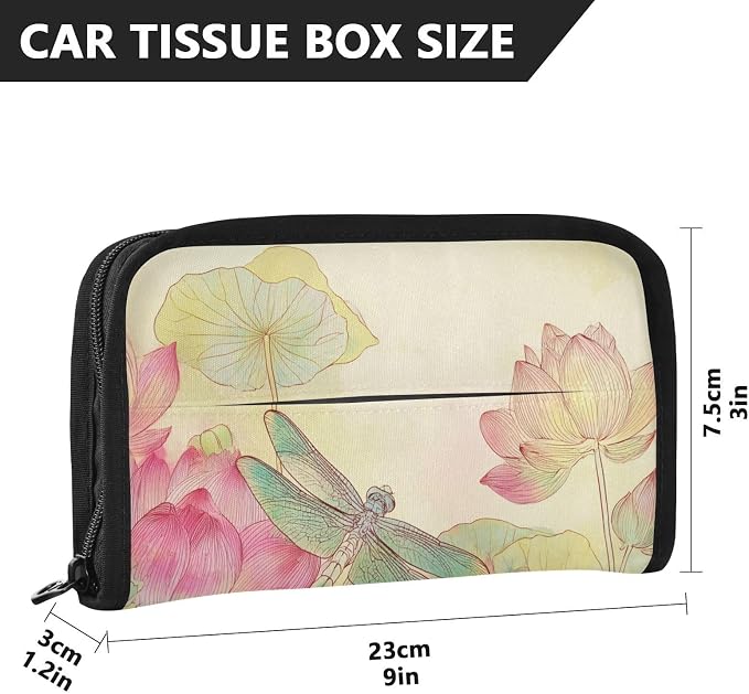 Car Tissue Holder Car Napkin Holder Tissue Box Dispenser Storage Case Sun Visor Mask Holder Accessories with Adjustable Straps Reusable Refillable Dragonfly Lotuses Yellow - Image 4