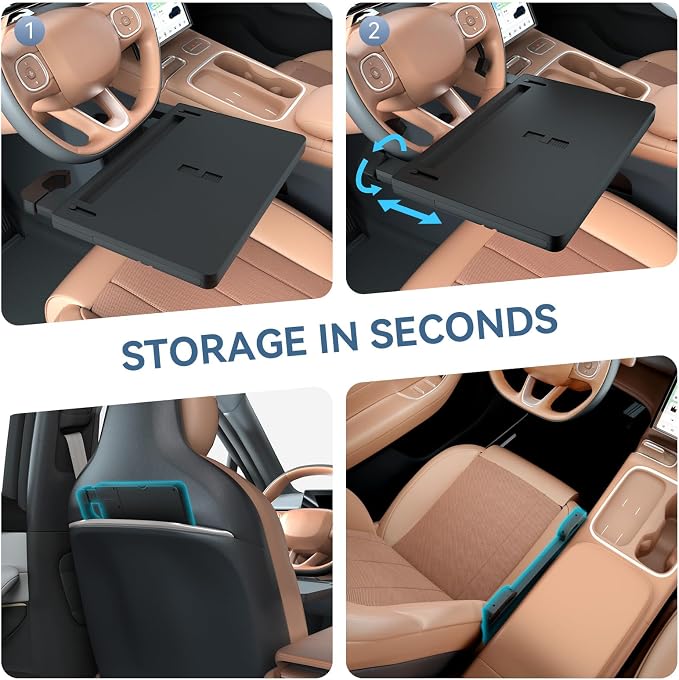 Extendable Steering Wheel Tray, Adjustable Car Laptop Desk Table | ABS, 22 lb capacity, 15-26 in extendable tray, 360° buckle, tablet slot, fold-flat storage, for parked work and dining - Image 7