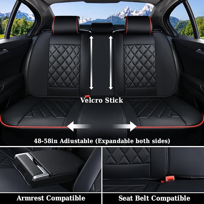 Coverado Car Seat Covers Full Set, Luxury Faux Leather Waterproof Seat Covers, Black Car Seat Covers, Universal Car Seat Protector Leather Car Seat Cushion, Carseat Cover Fit Most Cars, Black&Red - Image 4