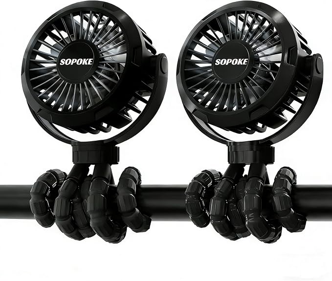 SOPOKE 3 Speed Mini Rechargeable Baby Stroller Fan, 2PCS Black | 360° Flexible Tripod, Handheld Design, for Car Seat Crib Treadmill Golf Cart Travel by SOPOKE