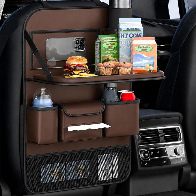 2 Pack Leather Car Backseat Organizer with Foldable Table Tray, Universal Car Seat Back Protector Kick Mat with Touchscreen Tablet Holder, Storage Pockets, Cup Holders & Tissue Holder, Brown - Image 9
