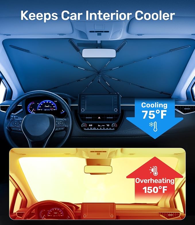 Zanch 2026 Upgraded Car Windshield Sun Shade [Cool Down by 75℉ ] with Heat Insulation Coating, Foldable Sunshade Umbrella with Flexible Handle & Ribs, Extra Small (51''x29'') for Compact Cars - Image 2