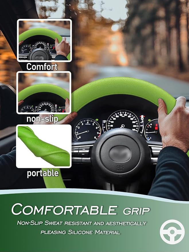 LRITER Car Steering Wheel Cover, Non-Slip Silicone Material, Green | Multiple Color Choices, Universal Auto Parts Steering Wheel Cover, Suitable for Most Cars - Image 2