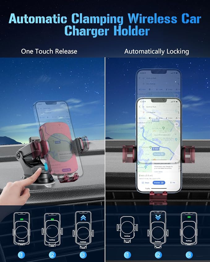 3-in-1 Wireless Car Charger Mount, 15W Fast Charging Auto-Clamping Phone Holder for iPhone 17 16 15 14, Samsung Galaxy S24 S23, Dashboard, Vent & Windshield Car Mount(Deep Red) - Image 6