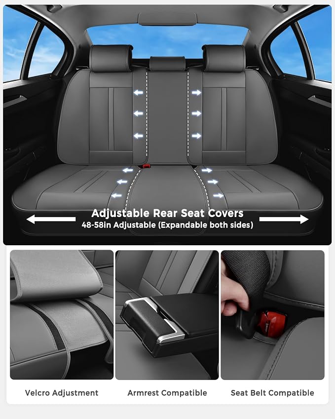 Huidasource Gray Back Seat Cover Luxury Nappa Leather, Rear Seat Cover with Velcro Adjustable, Ventilation Holes, Child Safety Seats, Back Seat Car Cover Universal Fit for Most Cars SUV Trucks, Gray - Image 2