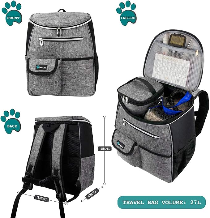 PetAmi Dog Travel Backpack 27L Airline Approved Pet Supplies Bag, Gray | Cat Traveling Suitcase Organizer for Weekend Road Trip Camping; 2 Food Containers, 2 Collapsible Bowls & Poop Bag Dispenser - Image 2