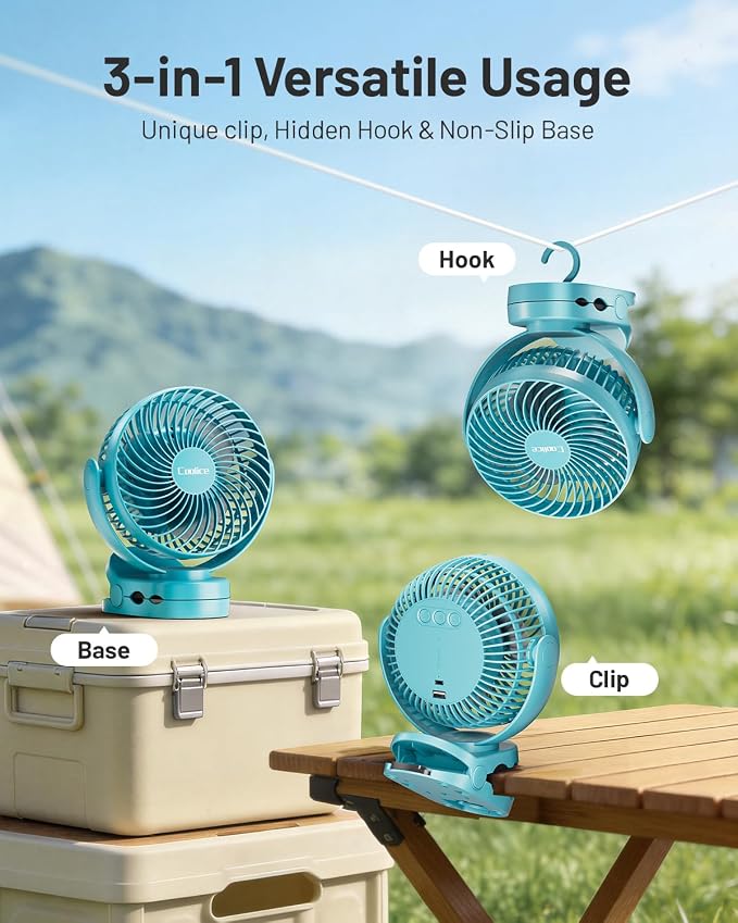 Camping Fan with Remote Control - 12000mAh Rechargeable Battery Powered Fan, Camping Fans for Tents with LED light & Hanging Hook, Rechargeable Battery Operated Ceiling Fans for Tent RV Bed, Blue - Image 3