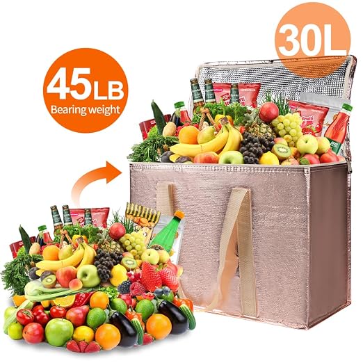Bodaon 2-Pack Insulated Reusable Grocery Shopping Bag with Zippered Top, X-Large Frozen Foods Cold, Cooler Shopping Accessories, Insullated Bags, Insulated Food/Pizza Delivery Bag, Gold | Secure Zippered Top, Keep Frozen Foods Cold, Cooler Shopping Acc... - Image 4