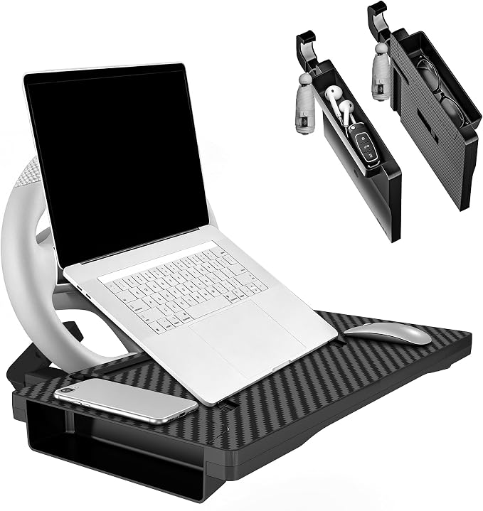 2-in-1 Car Steering Wheel Desk Tray & Seat Gap Filler Organizer | Foldable Car Laptop Table with Adjustable Hooks, Fits Most Steering Wheels, Carbon Fiber Look by Unknown