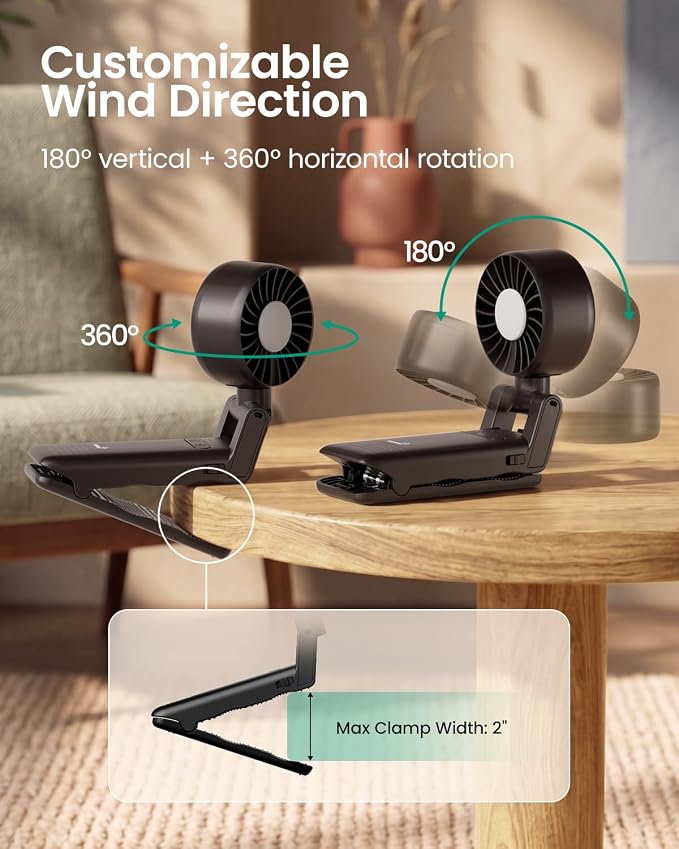 GROWNSY 4-in-1 Portable Baby Stroller Fan with Clip & Night Light, Black | Foldable & Rechargeable, 4 Adjustable Wind Speed for Handheld/Car Seat/Carrier/Beach/Travel/Crib/Camping - Image 9