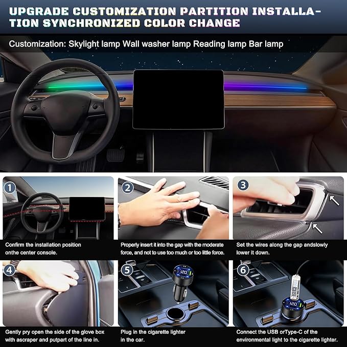 Dreamcolor Acrylic Interior Car LED Strip Light with USB/Type C/4-Port USB Cigarette Lighter,RGB 10 in 1 with 175 inches 650 LEDs Ambient Lighting Kits, Sound Active Function Neon Led Strips for Car - Image 5
