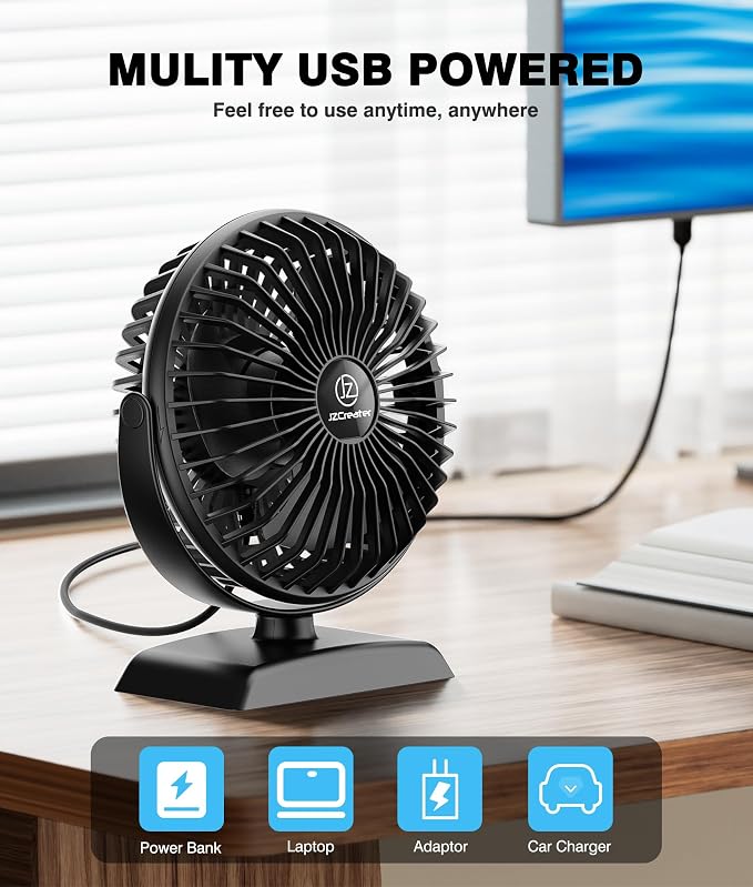 JZCreater USB Desk Fan, USB Fan Mini, 360 Rotation Desktop Fan with 3 Speed, Table Personal Cooling Fan, Quiet Mini Desk Fan, USB Powered, Small Fan for Home Office Bedroom Car Travel,Black+Black - Image 5
