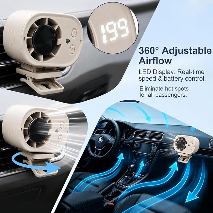 Clip On Air Conditioner for Car, 2026 Portable Car Air Conditioner 360° Rotation 199 Speeds Silent Mini Bladeless Fan with Led Lights Clip On Fan for Cars Work Camping (Orange) - Image 6