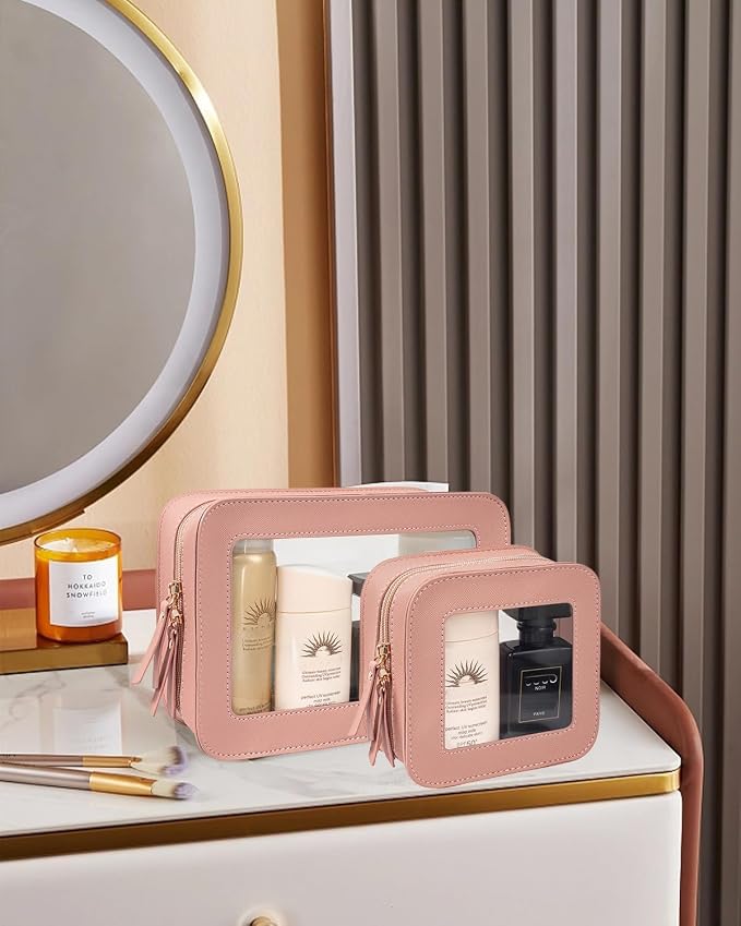 2 Pcs Travel Clear Makeup Bag Set, Clear Pink Makeup Organizer with Zipper Leather Travel Bags for Toiletries Small Cosmetic Bags for Women Mini Make up Pouch Toiletry Bags Car Essentials - Image 2