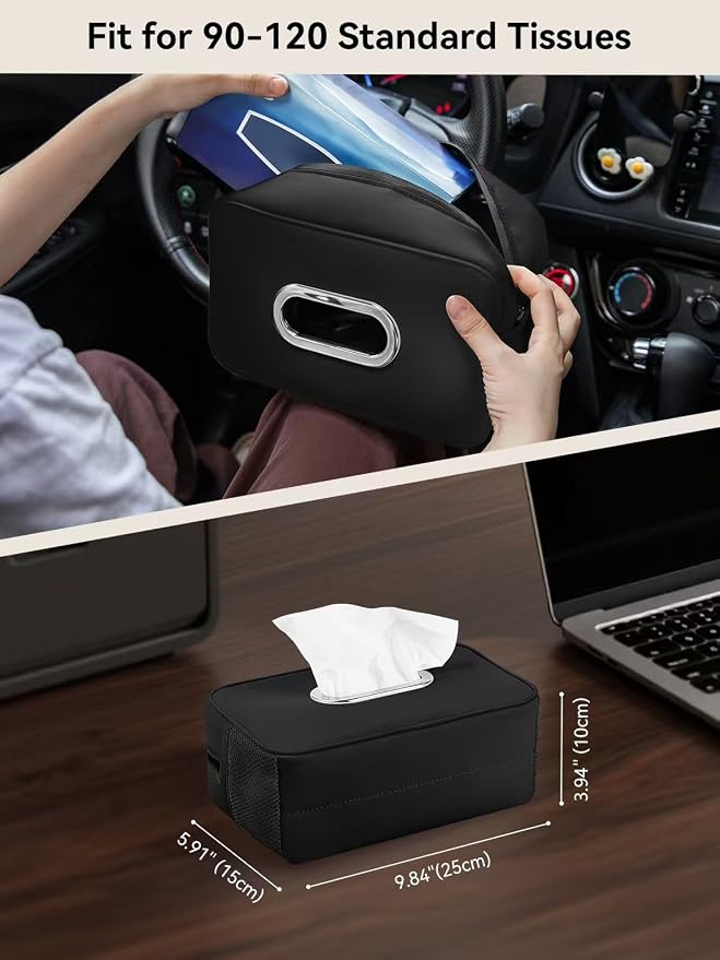 Multi-Functional Car Tissue Holder with ‌2 Storage Nets, Tissue Box Cover | Upgraded PU Leather, Large Rectangle Napkin Organizer Fit for 100-160 Regular Size Tissues, Keep Car Tidy, Black - Image 5