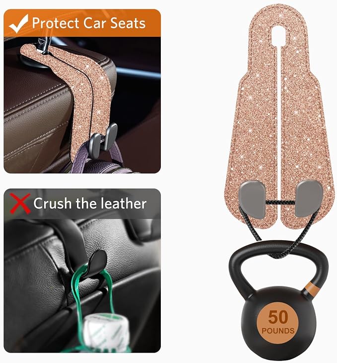CoBak Purse Hook for Car - Universal Premium Stitched Leather and Aluminum-Magnesium Alloy Double Car Seat Back Storage Hook for Purses, Handbags, Bags (2 Pack),Glitter Rose - Image 5