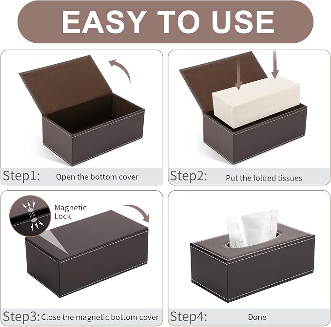 KINGFOM Rectangular PU Leather Tissue Box Cover - Facial Tissue Paper Napkin Holder for Bathroom, Home, Office, Car Automotive Decoration with Magnetic Bottom(Brown) - Image 8